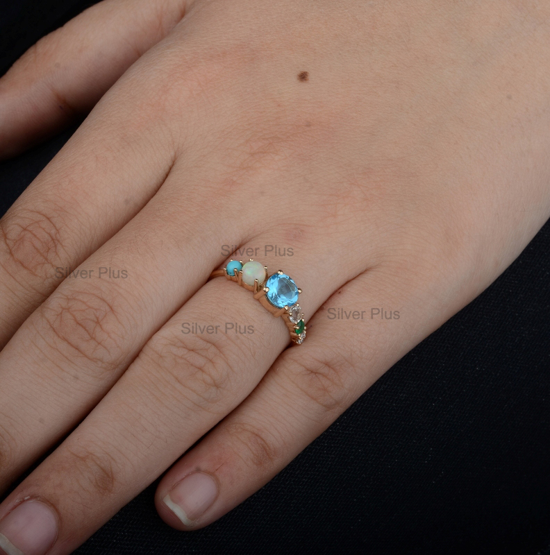 Genuine Turquoise Gemstone Wedding Handmade Ring Solid 14k Yellow Gold Opal Diamond Jewelry 
