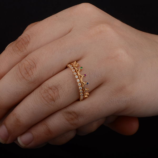 14K Solid Gold Ring, Multi Gemstone Ring, Crown Ring, Diamond Ring, Stackable  Ring, Two Rings Set, Handmade Ring