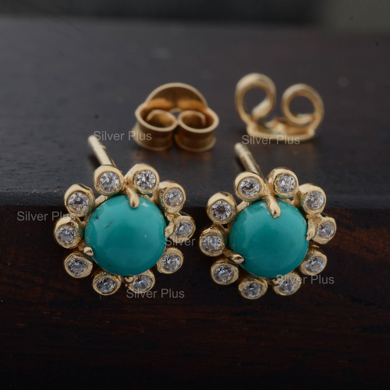 Natural Geometric Arizona Turquoise Gemstone Diamond Mini Stud Earrings Solid 14K Yellow Gold Minimalist Delicate Earrings Self Gift