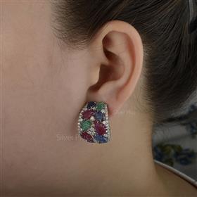 Tutti Frutti Multi Stone Leaf Diamond Gold Earrings