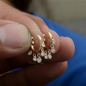 Genuine Diamond Bezel Drop Huggie Hoops Solid 14K Yellow Gold Earrings