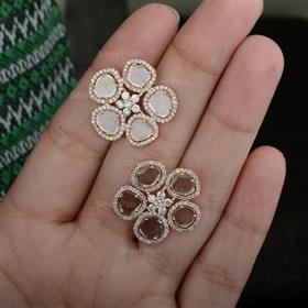Genuine Slice & Real Diamond Floral Studs Solid 14K Gold Earrings