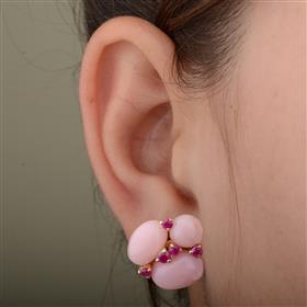 Genuine Pink Opal Ruby Gemstone Flower Stud Earrings in Solid 14K Yellow Gold