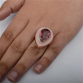 18K Rose Gold Pink Opal Pink Tourmaline Prong Pave Ring