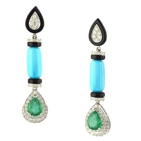 18K White Gold Emerald Turquoise Diamond Dangal Earring