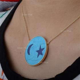 Solid 14K Yellow Gold Real Turquoise Lapis Gemstone Round Disc Pendant Necklace