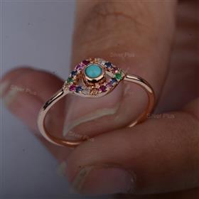 Genuine Multi Sapphire Turquoise Gemstone Solid 14K Yellow Gold Evil Eye Ring