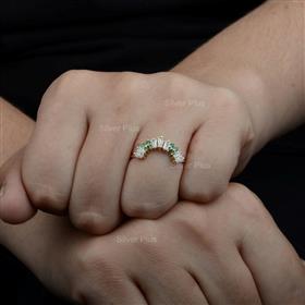 Genuine Emerald Baguette Diamond Chevron Crown Ring Solid 14K Yellow Gold Jewelry