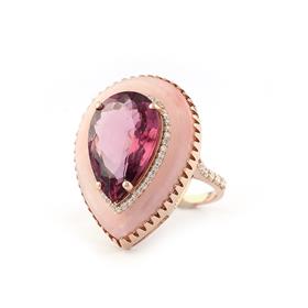 18K Rose Gold Pink Opal Pink Tourmaline Prong Pave Ring