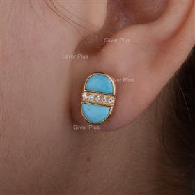 Genuine Turquoise Gemstone Diamonds Studs Solid 14K Yellow Gold Earrings