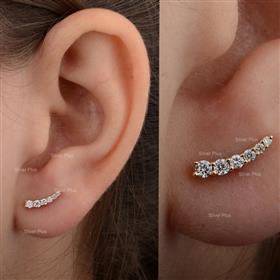 Genuine Diamonds Curved Studs Earrings Solid 14K Yellow Gold Minimalist Jewelry