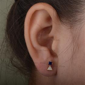 Solid 14K Yellow Gold Genuine Blue Sapphire Diamond Triangle Stud Earrings