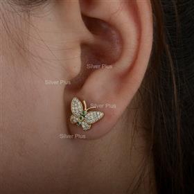 Genuine Emerald Diamond Butterfly Studs Solid 14K Yellow Gold Earrings
