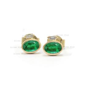 Genuine Emerald Gemstone Baguette Diamond Studs Solid 14K Yellow Gold Minimalist Earrings
