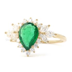 Emerald Cluster Diamond Halo Solid Gold Ring